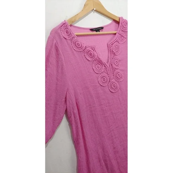 Zac & Rachel Womens Pink Crochet ‎ Blouse XL 3/4 Sleeve High Low Hem Lightwei - Picture 6 of 11